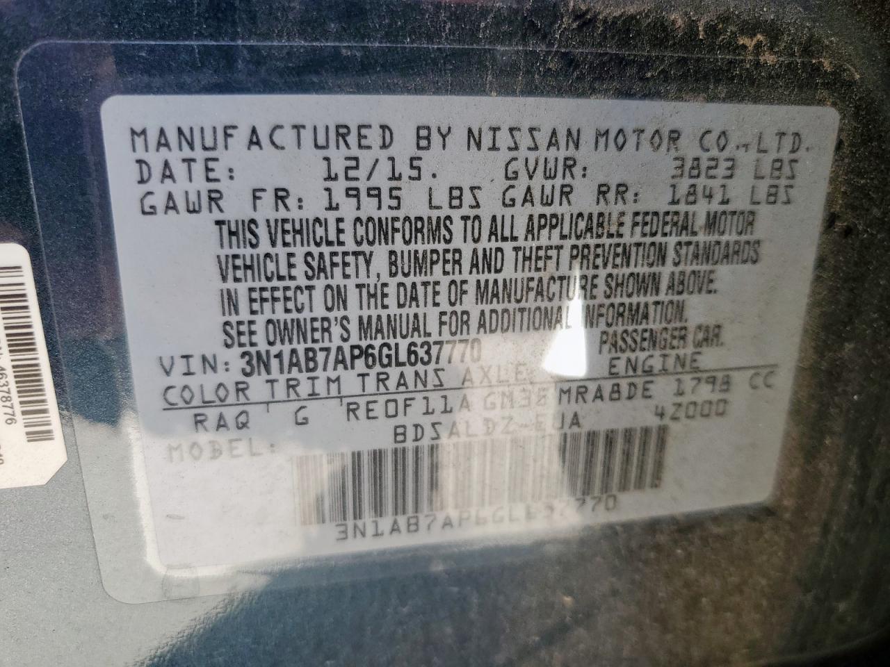 2016 Nissan Sentra S VIN: 3N1AB7AP6GL637770 Lot: 86124215