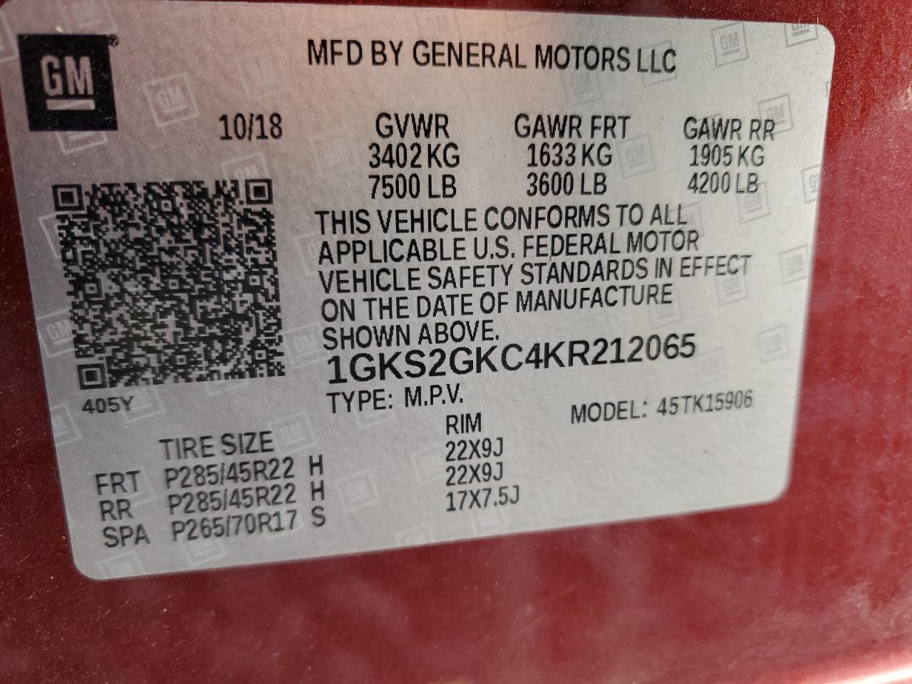 2019 GMC Yukon Xl K1500 Slt VIN: 1GKS2GKC4KR212065 Lot: 82513505