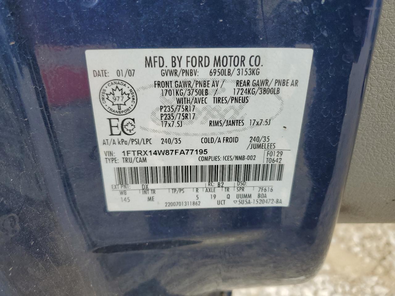 2007 Ford F150 VIN: 1FTRX14W87FA77195 Lot: 82258435