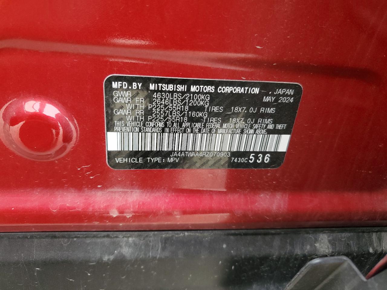 2024 Mitsubishi Eclipse Cross Se VIN: JA4ATWAA4RZ070903 Lot: 86884725