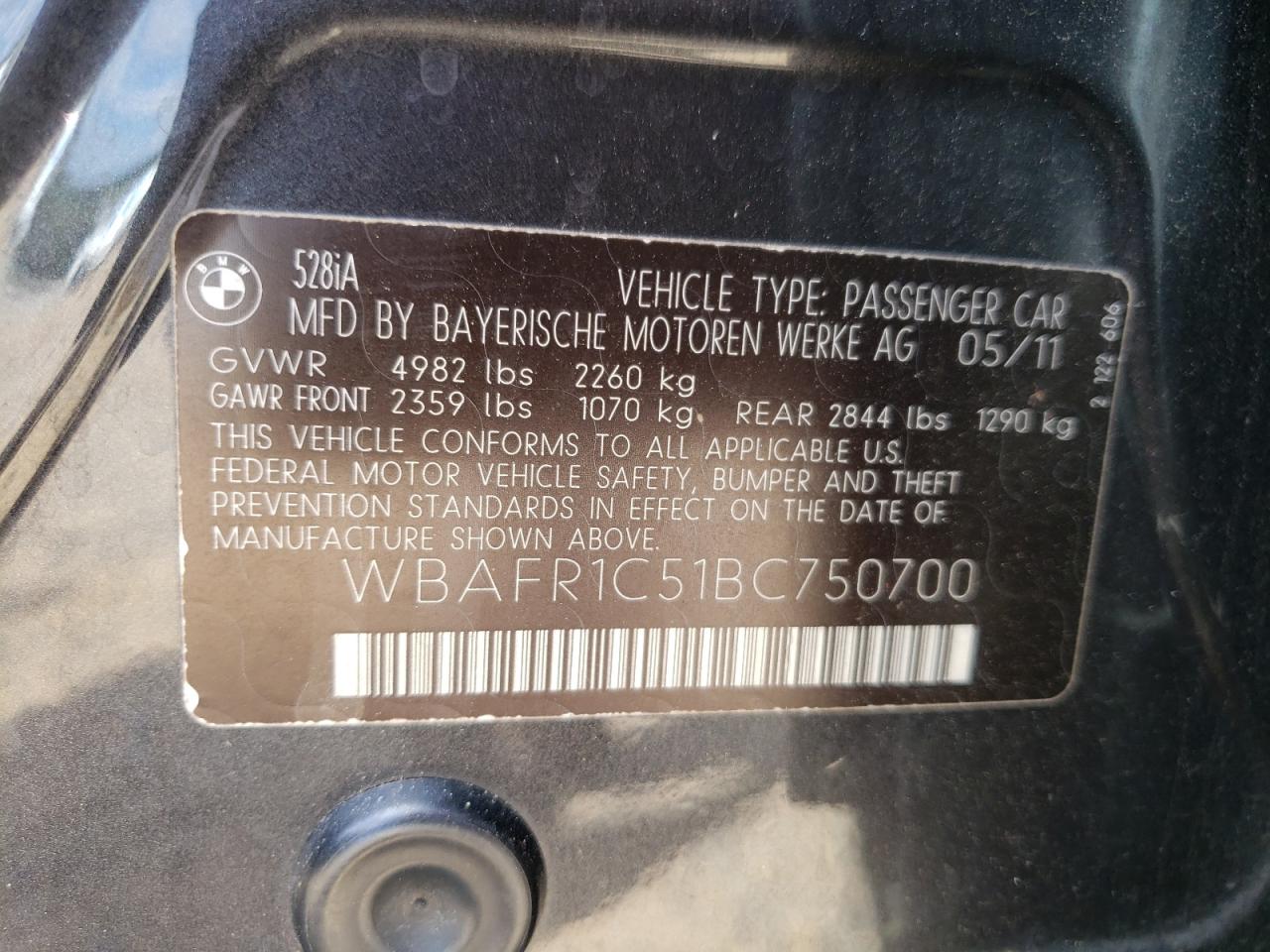 2011 BMW 528 I VIN: WBAFR1C51BC750700 Lot: 85167165