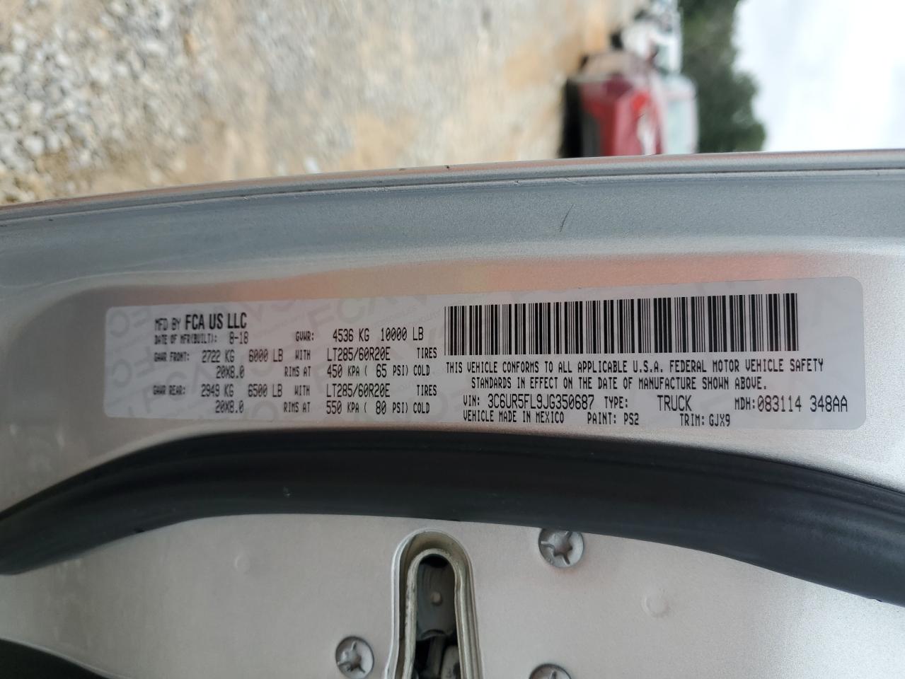 2018 Ram 2500 Laramie VIN: 3C6UR5FL9JG350687 Lot: 90263875