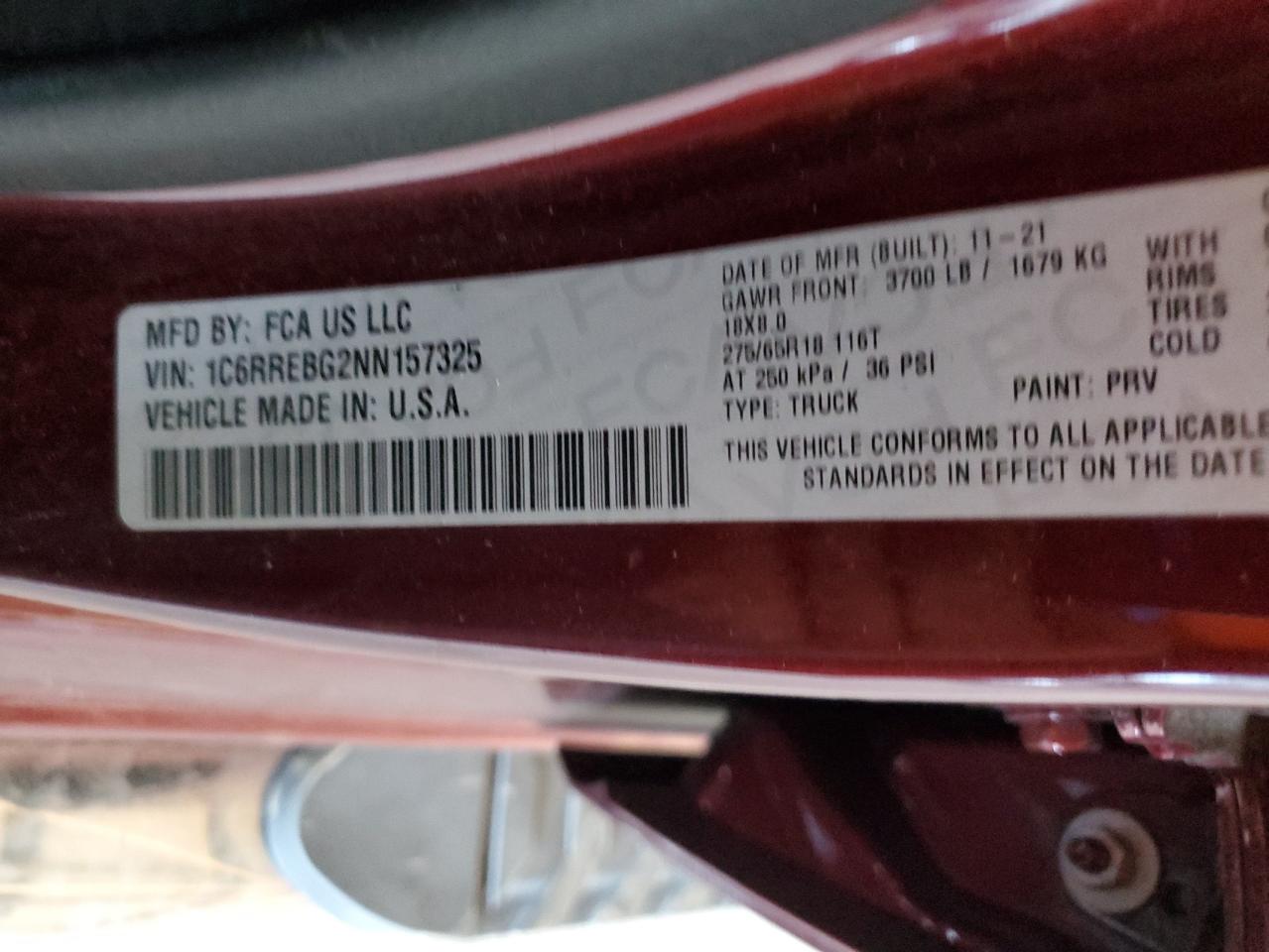 2022 Ram 1500 Big Horn/Lone Star VIN: 1C6RREBG2NN157325 Lot: 84644785