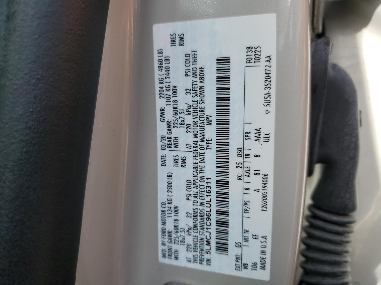 2020 Lincoln Corsair VIN: 5LMCJ1C96LUL16311 Lot: 90890495