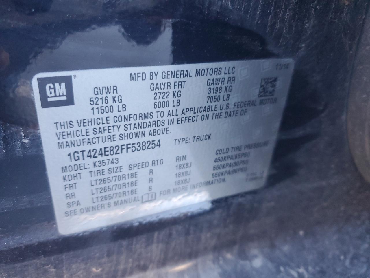 2015 GMC Sierra K3500 Denali VIN: 1GT424E82FF538254 Lot: 89882145