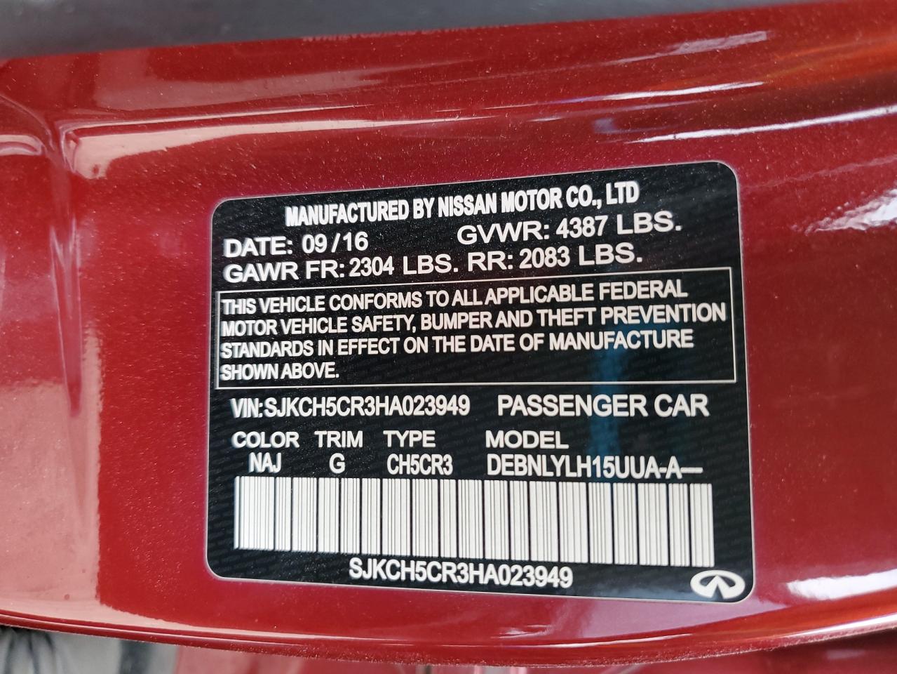 2017 Infiniti Qx30 Base VIN: SJKCH5CR3HA023949 Lot: 90325135