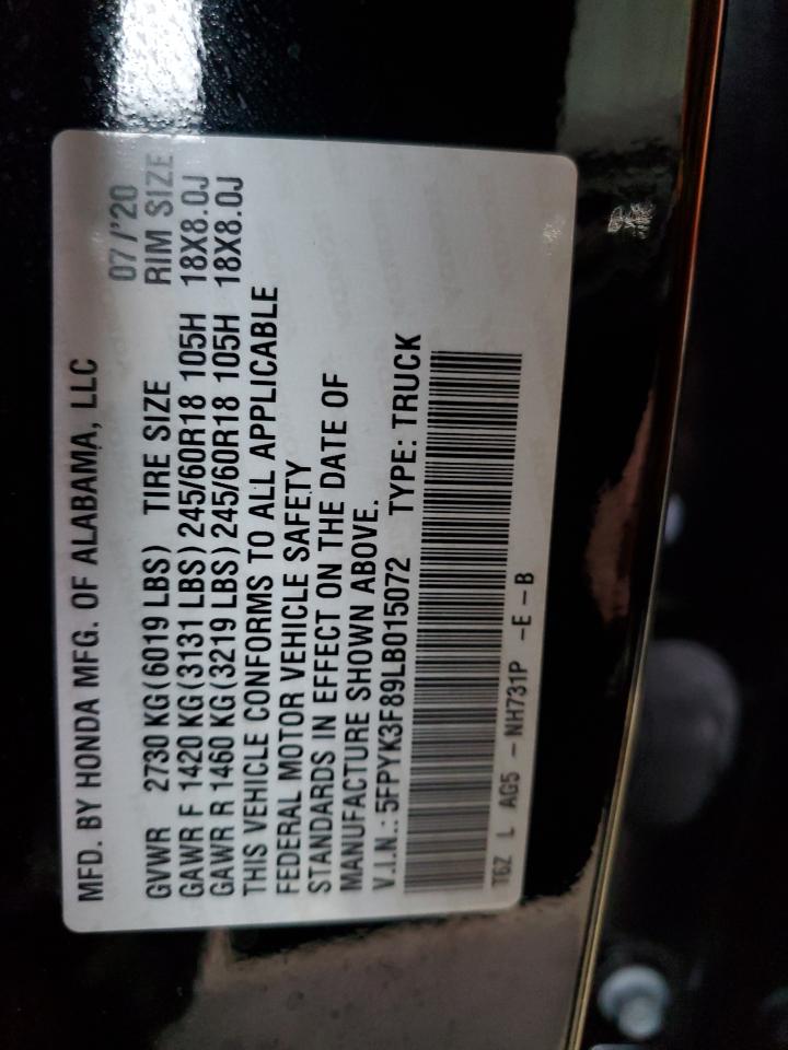 2020 Honda Ridgeline Black Edition VIN: 5FPYK3F89LB015072 Lot: 90471455