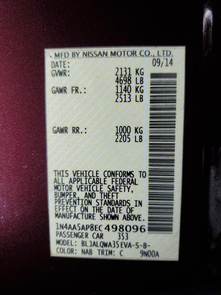 2014 Nissan Maxima S VIN: 1N4AA5AP8EC498096 Lot: 86658785