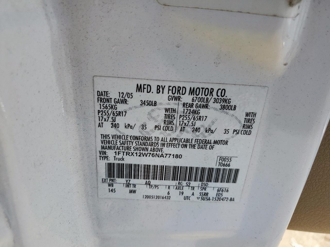 2006 Ford F150 VIN: 1FTRX12W76NA77180 Lot: 82396475