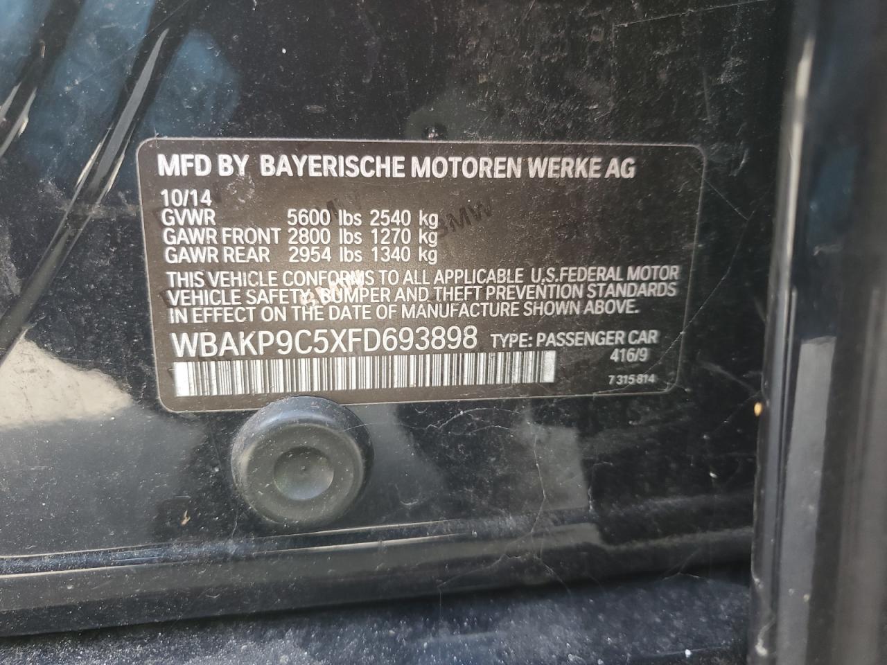 2015 BMW 550 Xi VIN: WBAKP9C5XFD693898 Lot: 90225355