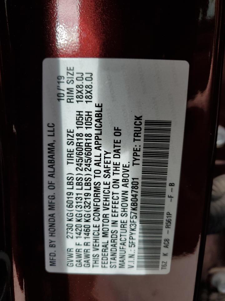 2019 Honda Ridgeline Rtl VIN: 5FPYK3F57KB047801 Lot: 87100005