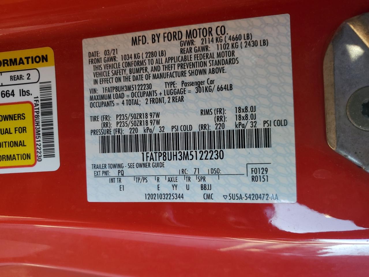 2021 Ford Mustang VIN: 1FATP8UH3M5122230 Lot: 90974245