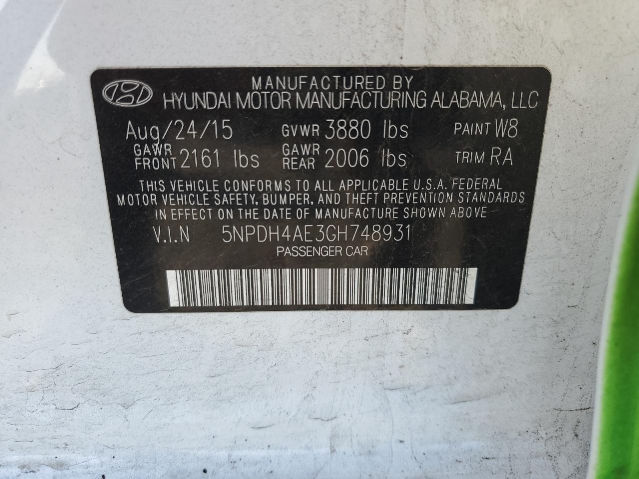 2016 Hyundai Elantra Se VIN: 5NPDH4AE3GH748931 Lot: 85737975