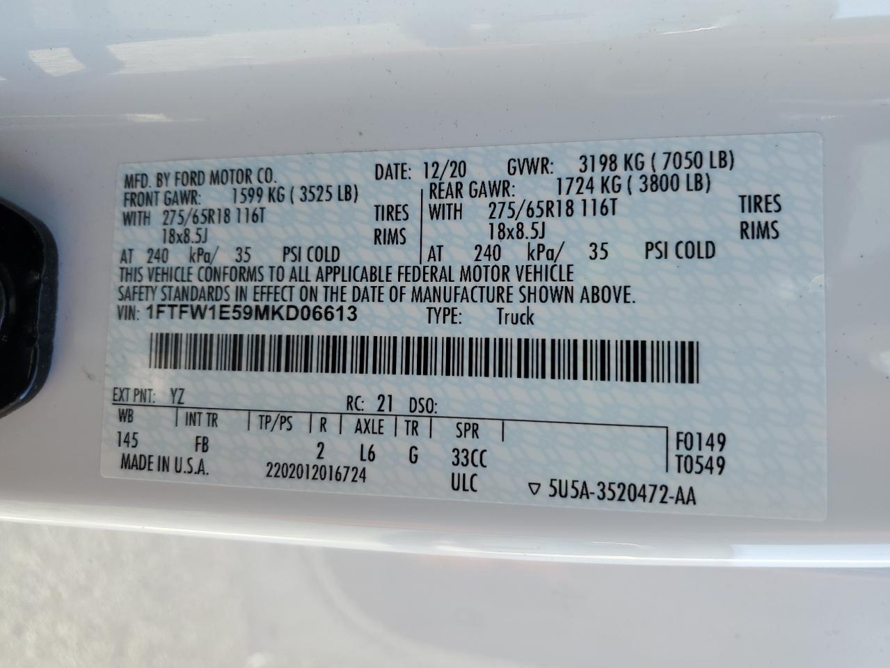 2021 Ford F150 Supercrew VIN: 1FTFW1E59MKD06613 Lot: 50126905