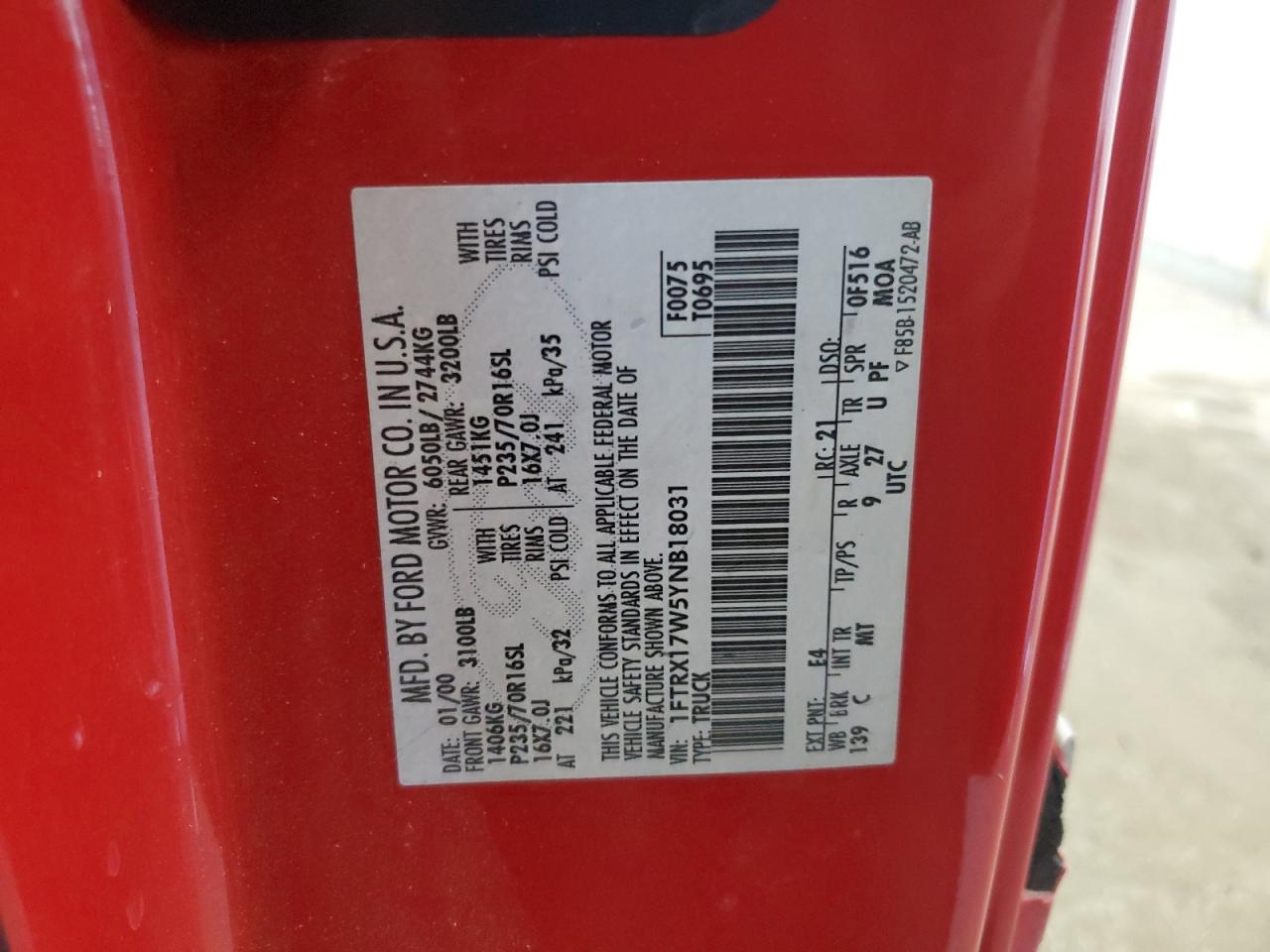 2000 Ford F150 VIN: 1FTRX17W5YNB18031 Lot: 82127075