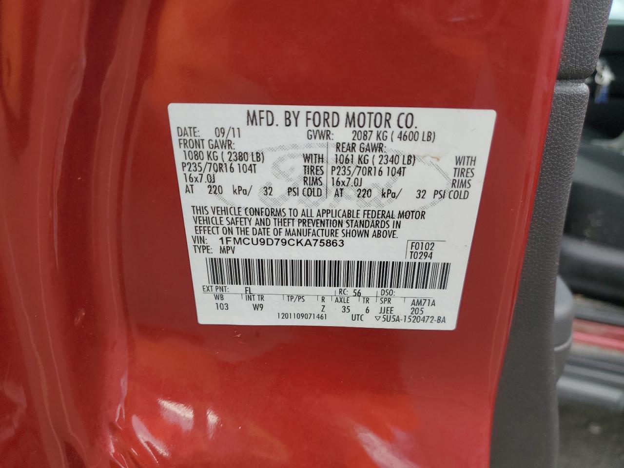 2012 Ford Escape Xlt VIN: 1FMCU9D79CKA75863 Lot: 84959385