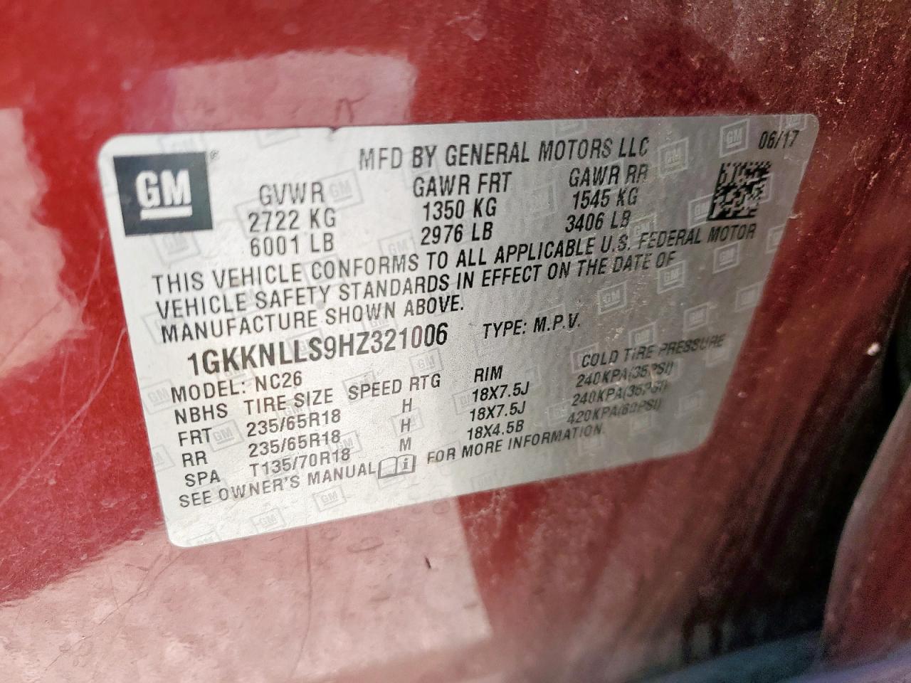 2017 GMC Acadia Sle VIN: 1GKKNLLS9HZ321006 Lot: 90617875