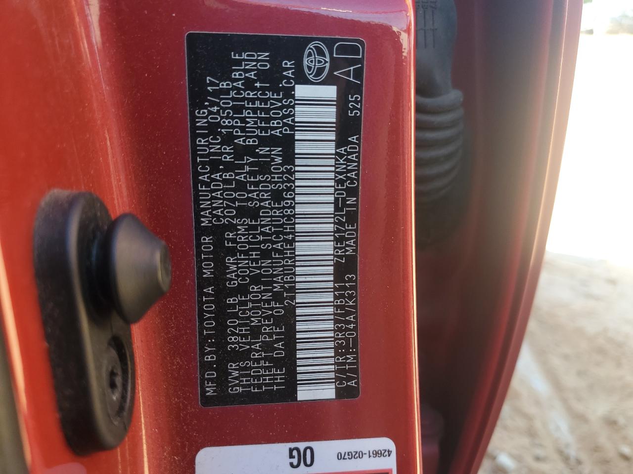 2017 Toyota Corolla L VIN: 2T1BURHE4HC896323 Lot: 82377685