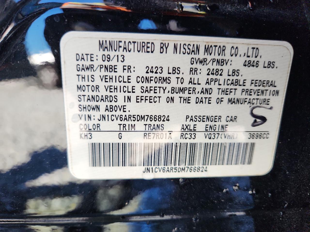 2013 Infiniti G37 VIN: JN1CV6AR5DM766824 Lot: 86230435