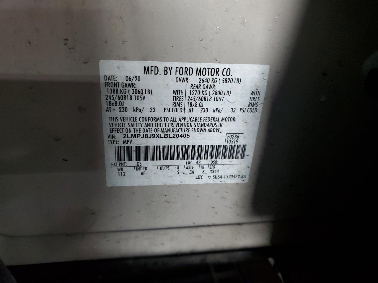 2020 Lincoln Nautilus VIN: 2LMPJ8J9XLBL20405 Lot: 86253015