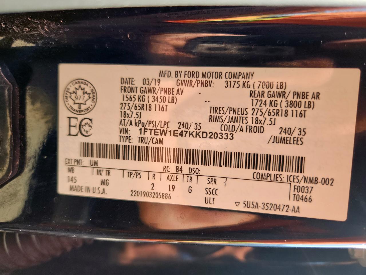 2019 Ford F150 Supercrew VIN: 1FTEW1E47KKD20333 Lot: 86661295