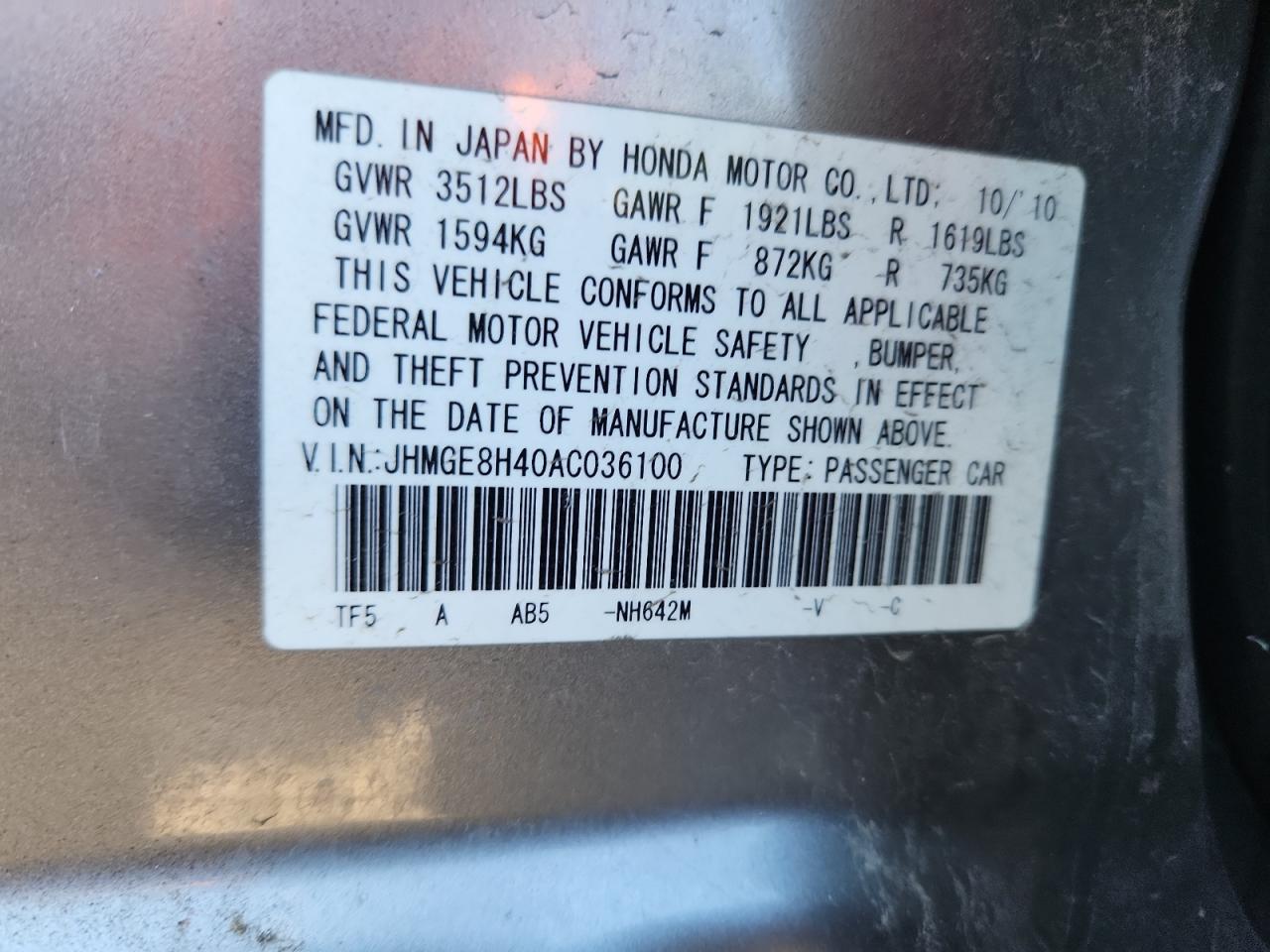 2010 Honda Fit Sport VIN: JHMGE8H40AC036100 Lot: 85586765