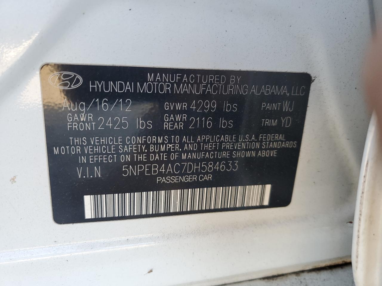 2013 Hyundai Sonata Gls VIN: 5NPEB4AC7DH584633 Lot: 82578915