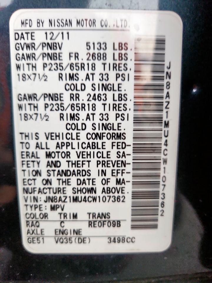 2012 Nissan Murano S VIN: JN8AZ1MU4CW107362 Lot: 85283585