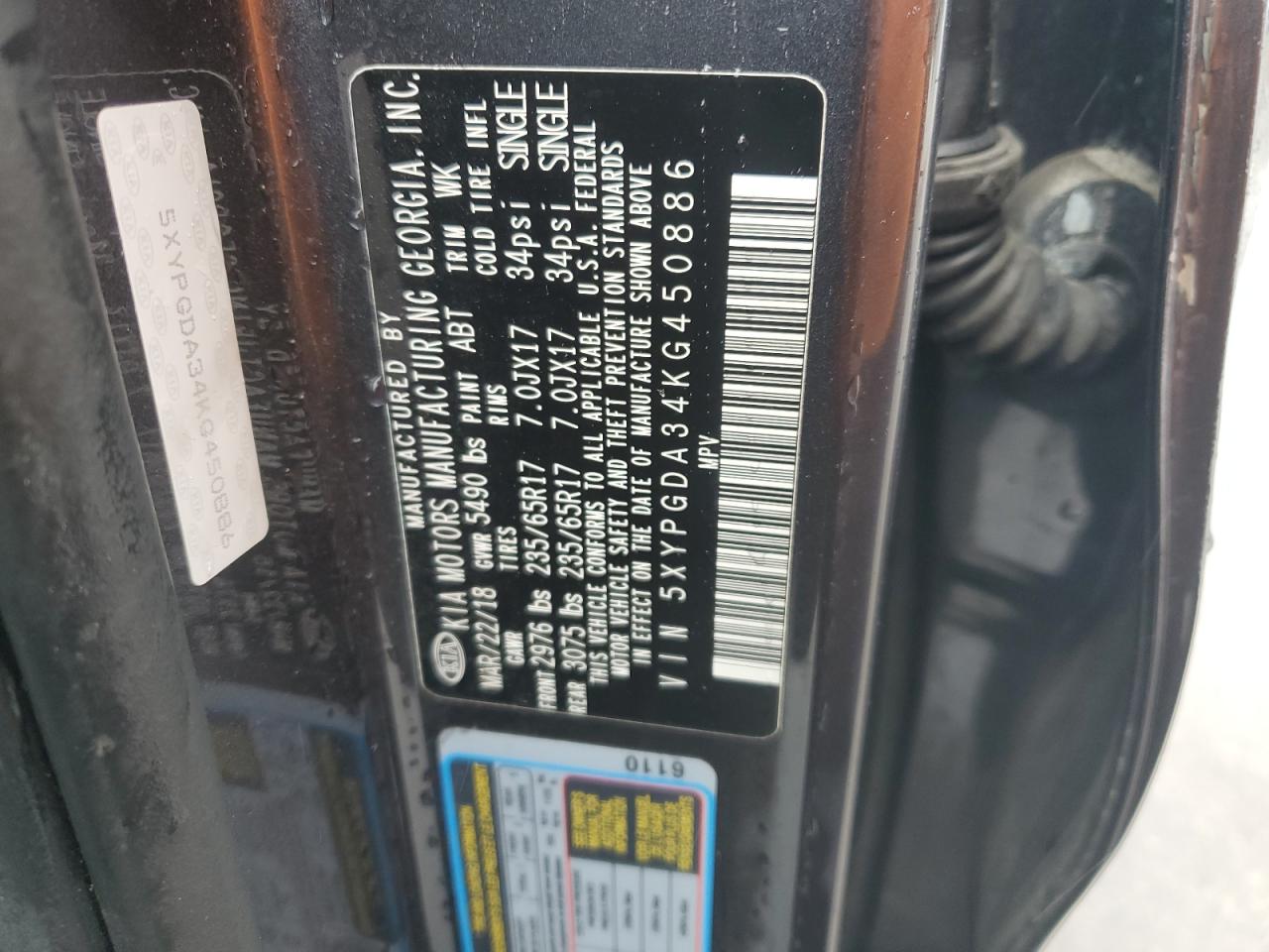 2019 Kia Sorento L VIN: 5XYPGDA34KG450886 Lot: 85260725