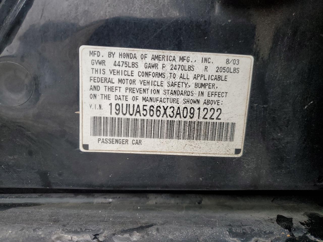 2003 Acura 3.2Tl VIN: 19UUA566X3A091222 Lot: 90518815