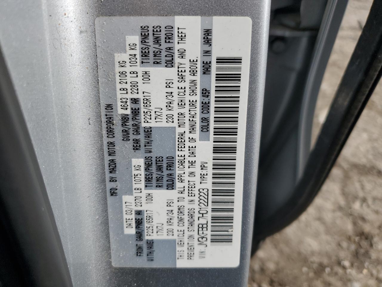2017 Mazda Cx-5 Sport VIN: JM3KFBBL7H0122223 Lot: 85523225