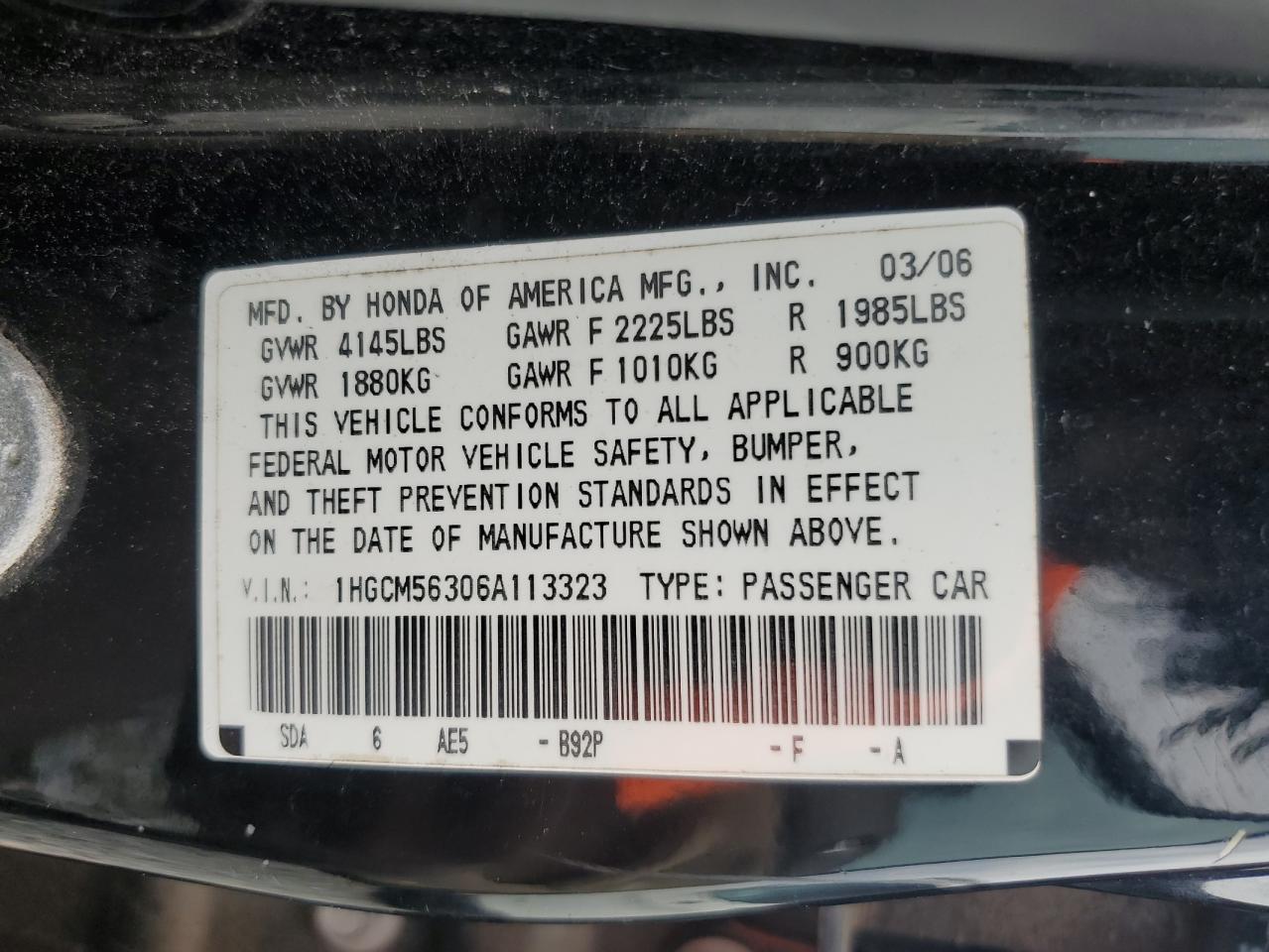 2006 Honda Accord Se VIN: 1HGCM56306A113323 Lot: 85390855