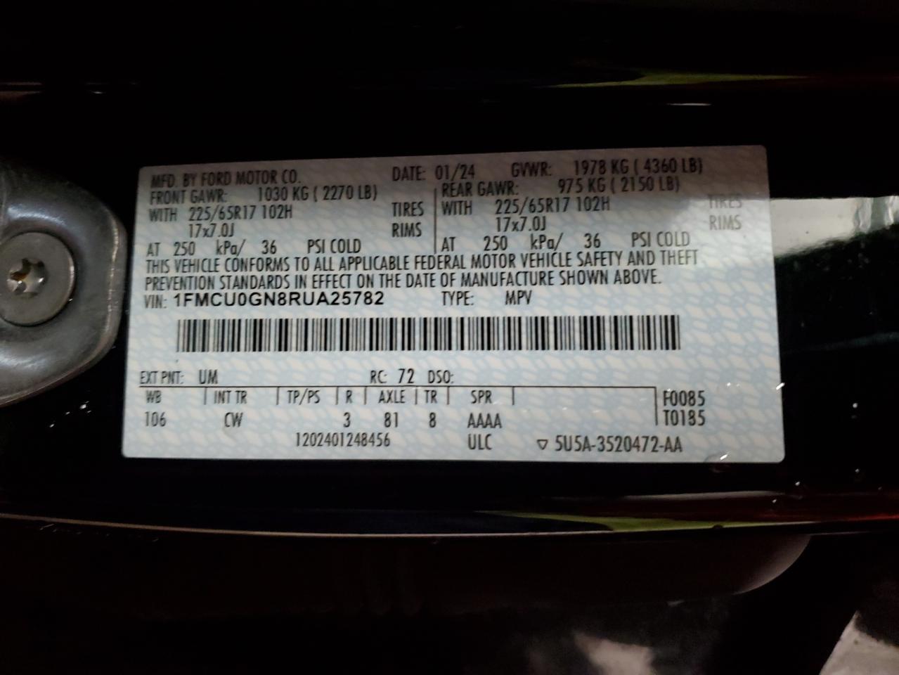 2024 Ford Escape Active VIN: 1FMCU0GN8RUA25782 Lot: 86886255