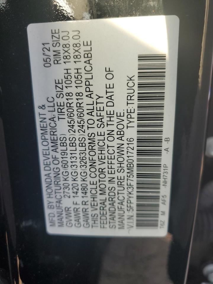 2021 Honda Ridgeline Rtl VIN: 5FPYK3F75MB017216 Lot: 84972035