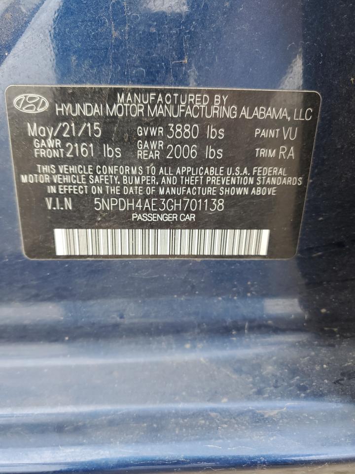 2016 Hyundai Elantra Se VIN: 5NPDH4AE3GH701138 Lot: 85874885