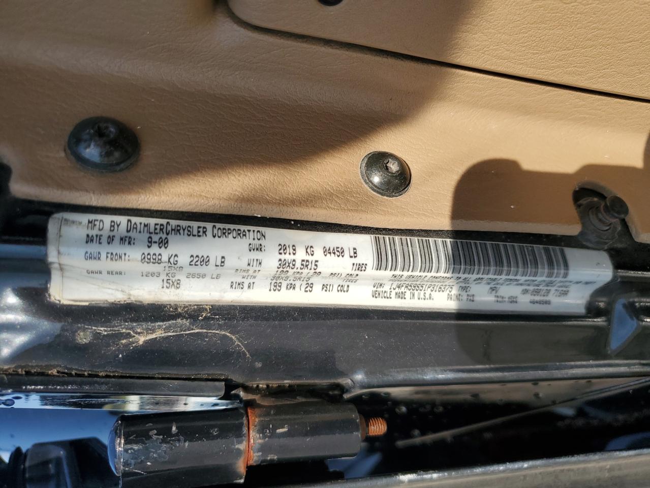 2001 Jeep Wrangler / Tj Sahara VIN: 1J4FA59S51P316375 Lot: 85130815