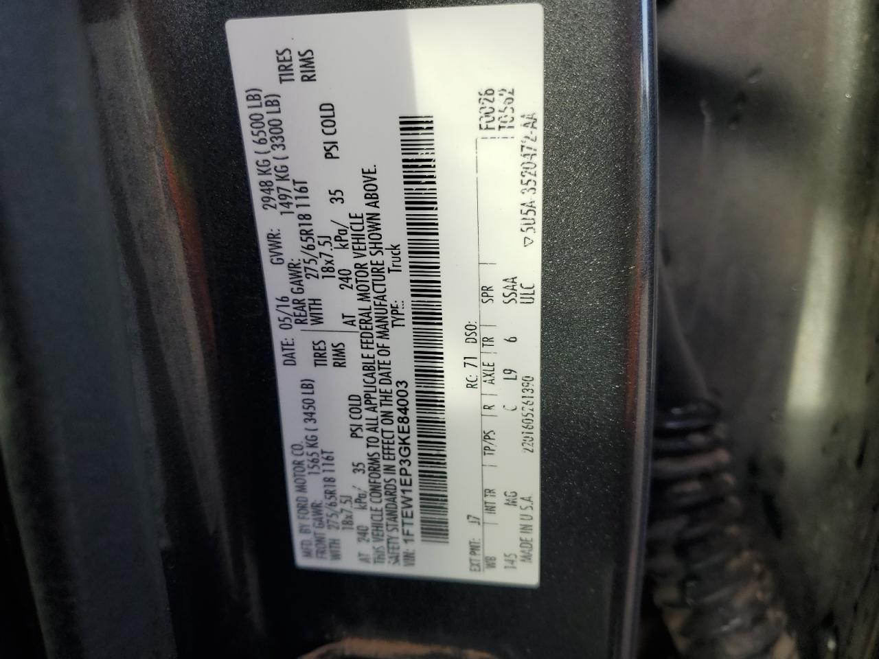 2016 Ford F150 Supercrew VIN: 1FTEW1EP3GKE84003 Lot: 82364265
