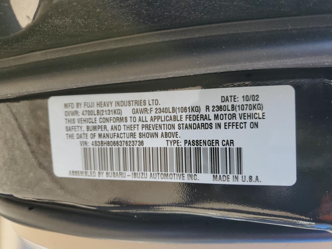 2003 Subaru Legacy Outback H6 3.0 Ll Bean VIN: 4S3BH806637623736 Lot: 89534225