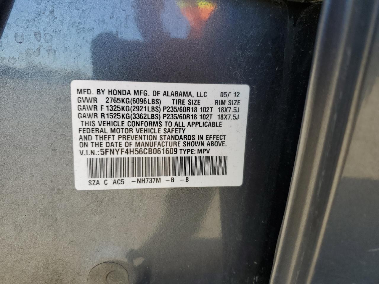 2012 Honda Pilot Exl VIN: 5FNYF4H56CB061609 Lot: 82622465
