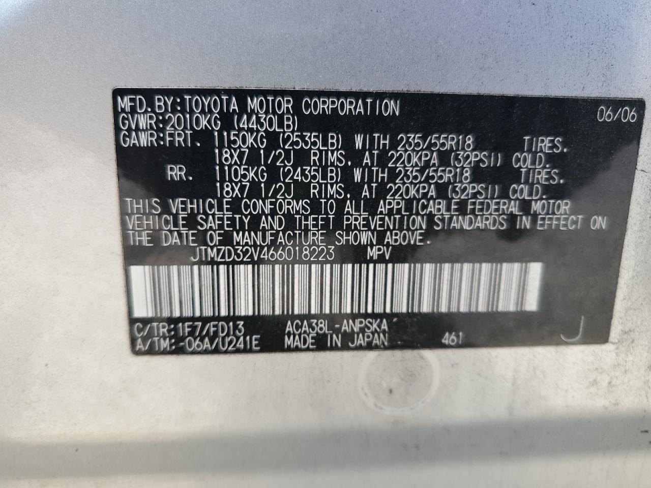 2006 Toyota Rav4 Sport VIN: JTMZD32V466018223 Lot: 84809435