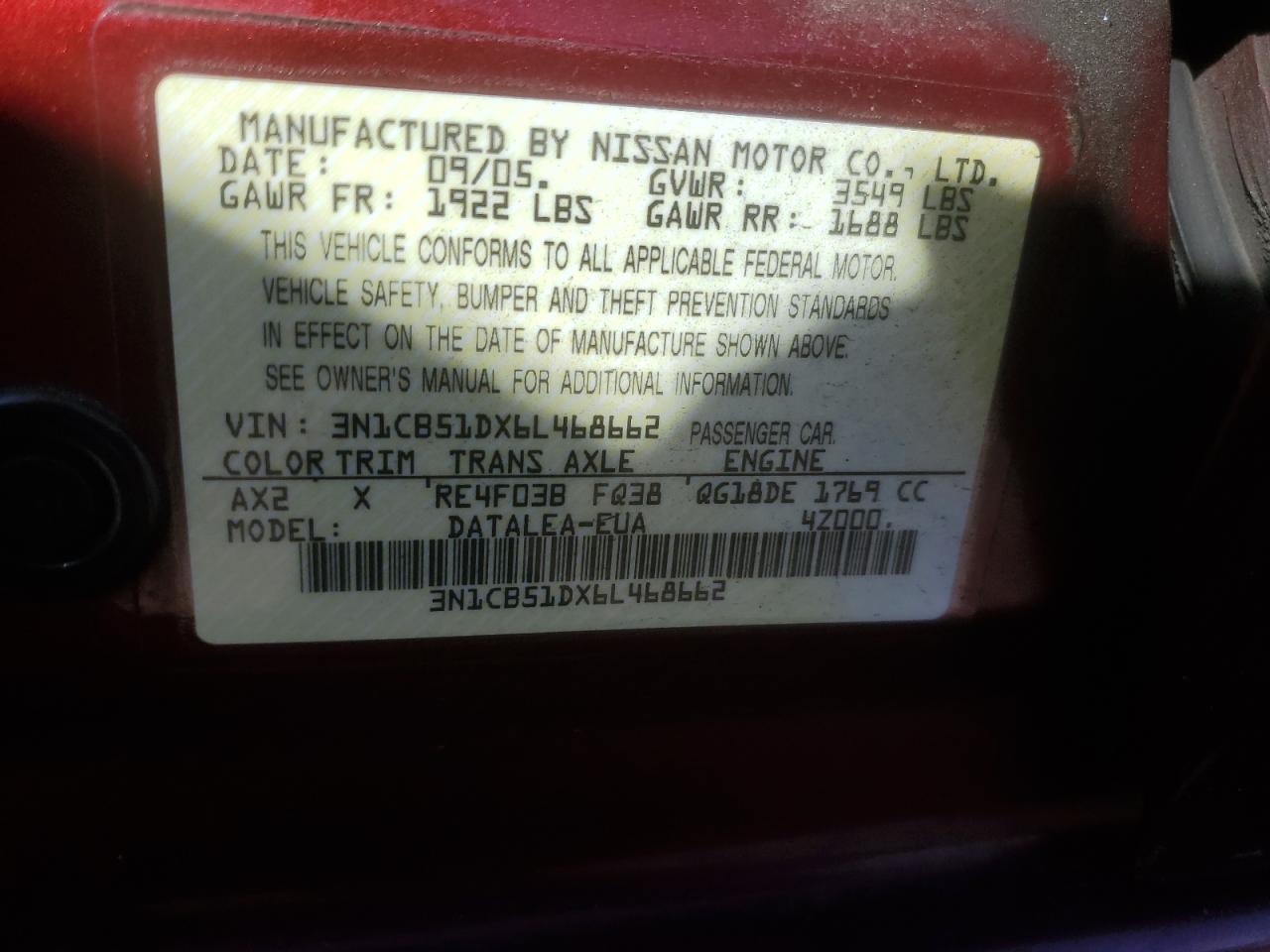 2006 Nissan Sentra 1.8 VIN: 3N1CB51DX6L468662 Lot: 84833055