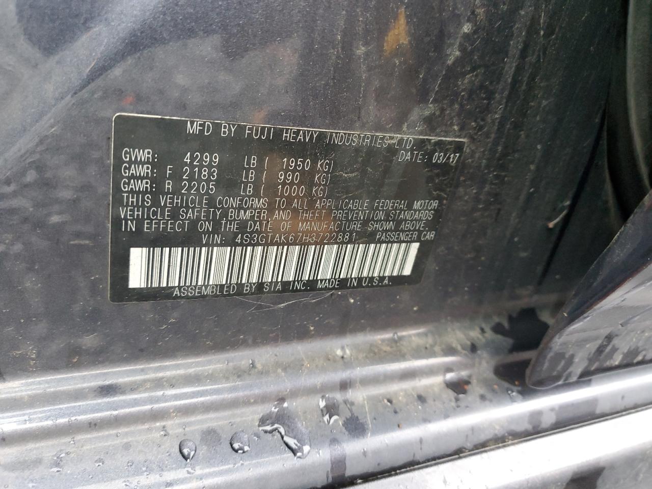 2017 Subaru Impreza Sport VIN: 4S3GTAK67H3722881 Lot: 84370385