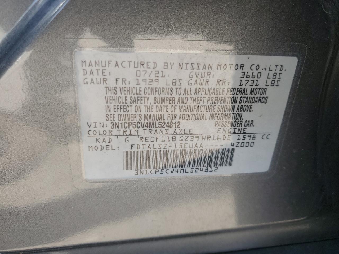 2021 Nissan Kicks Sv VIN: 3N1CP5CV4ML524812 Lot: 87011755