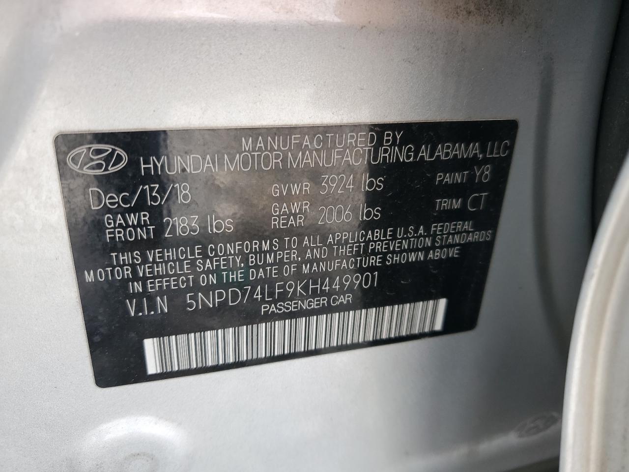 2019 Hyundai Elantra Se VIN: 5NPD74LF9KH449901 Lot: 87083215