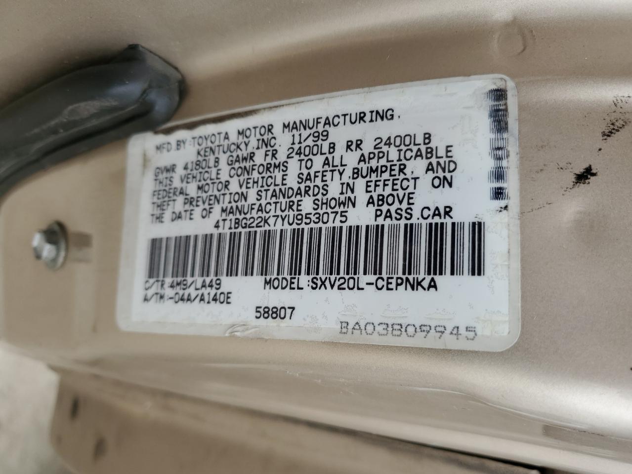 2000 Toyota Camry Ce VIN: 4T1BG22K7YU953075 Lot: 90353715