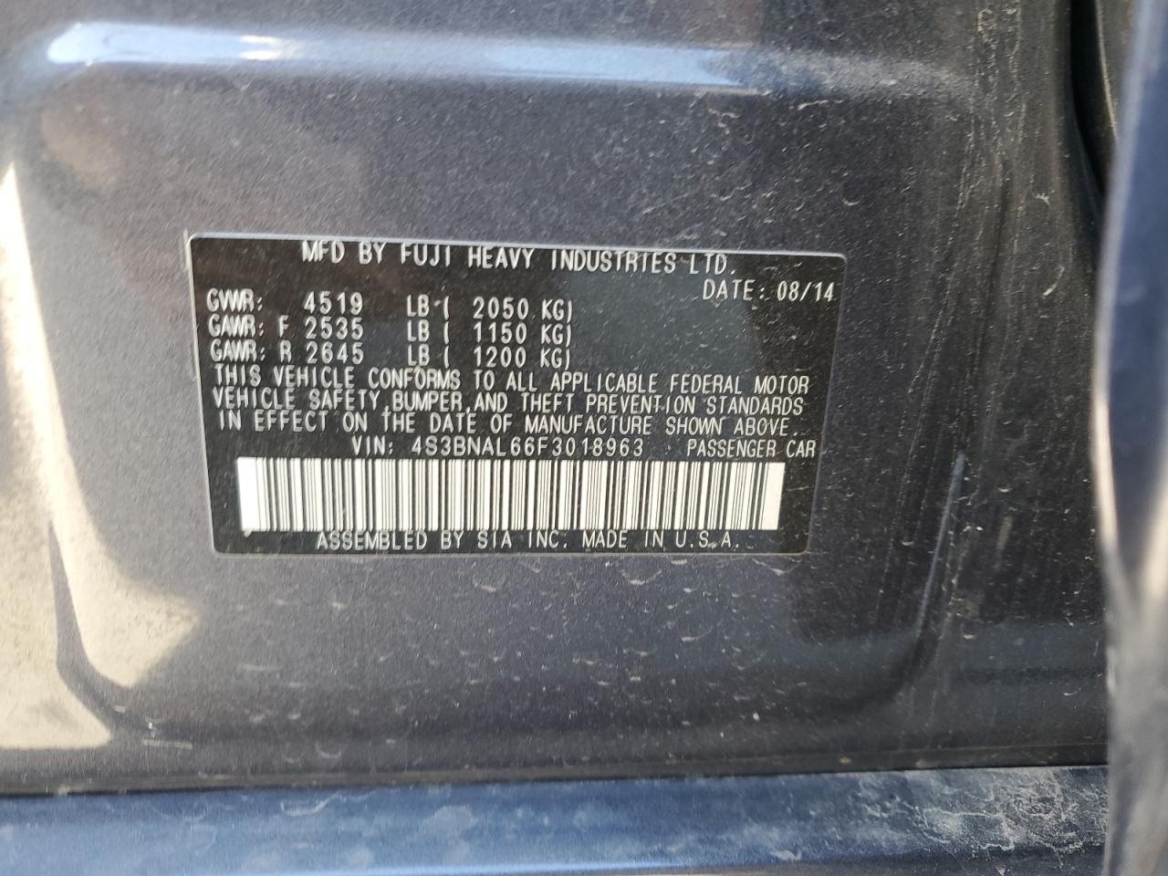 2015 Subaru Legacy 2.5I Limited VIN: 4S3BNAL66F3018963 Lot: 85887785