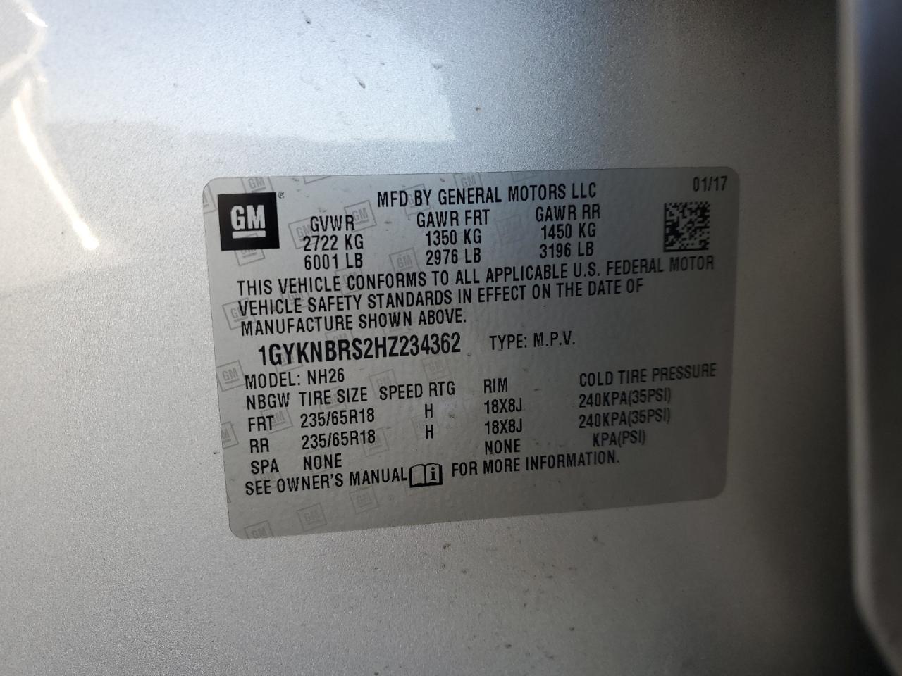 2017 Cadillac Xt5 Luxury VIN: 1GYKNBRS2HZ234362 Lot: 89631825