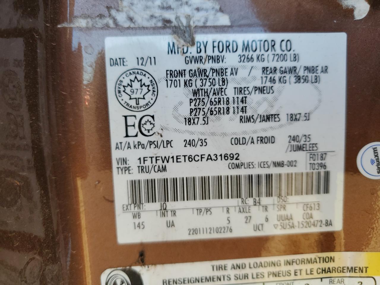 2012 Ford F150 Supercrew VIN: 1FTFW1ET6CFA31692 Lot: 86409005