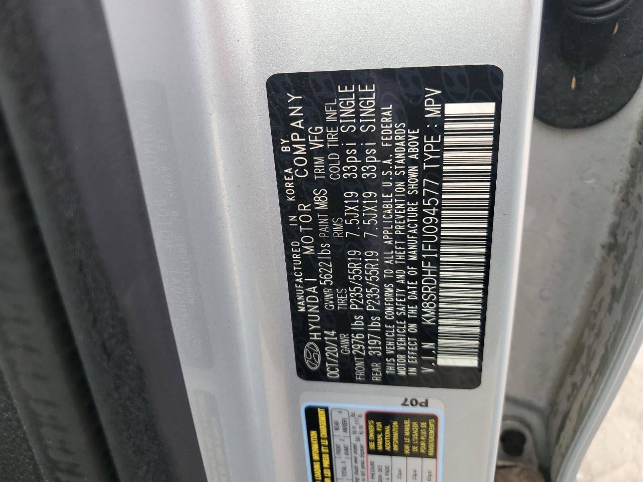 2015 Hyundai Santa Fe Gls VIN: KM8SRDHF1FU094577 Lot: 82277385