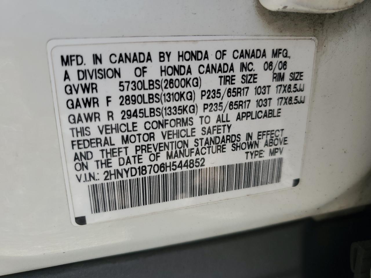 2006 Acura Mdx Touring VIN: 2HNYD18706H544852 Lot: 85542265